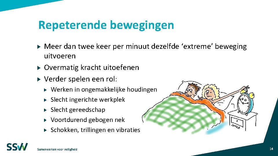 Repeterende bewegingen Meer dan twee keer per minuut dezelfde ‘extreme’ beweging uitvoeren Overmatig kracht Repeterende bewegingen Meer dan twee keer per minuut dezelfde ‘extreme’ beweging uitvoeren Overmatig kracht