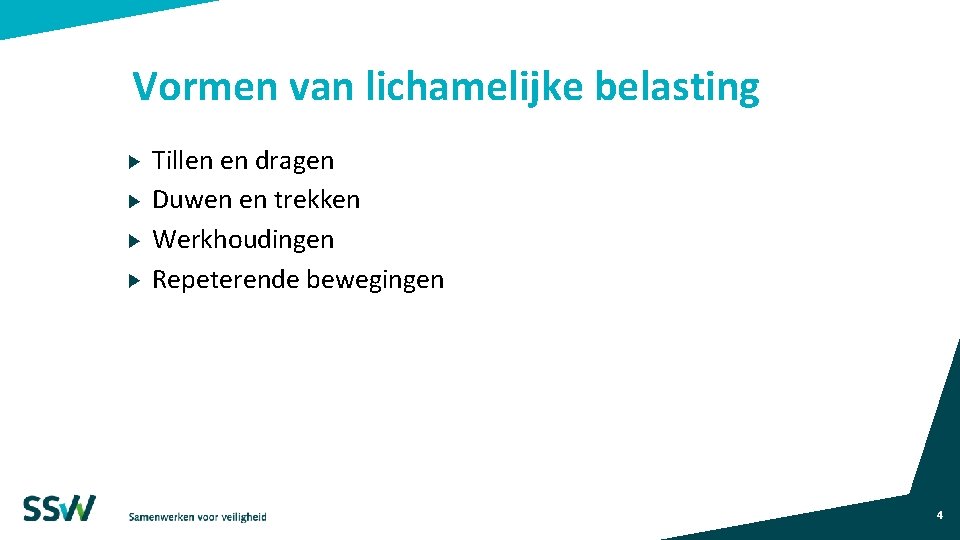 Vormen van lichamelijke belasting Tillen en dragen Duwen en trekken Werkhoudingen Repeterende bewegingen 4 Vormen van lichamelijke belasting Tillen en dragen Duwen en trekken Werkhoudingen Repeterende bewegingen 4