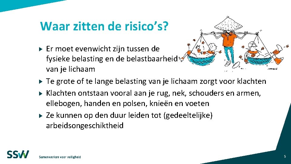 Waar zitten de risico’s? Er moet evenwicht zijn tussen de fysieke belasting en de Waar zitten de risico’s? Er moet evenwicht zijn tussen de fysieke belasting en de