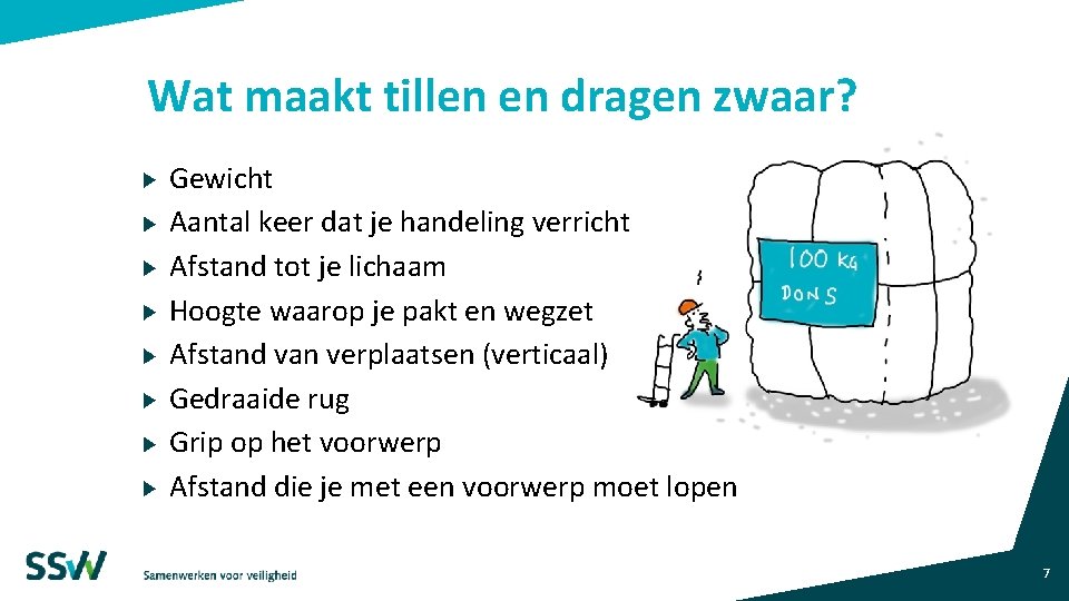 Wat maakt tillen en dragen zwaar? Gewicht Aantal keer dat je handeling verricht Afstand Wat maakt tillen en dragen zwaar? Gewicht Aantal keer dat je handeling verricht Afstand