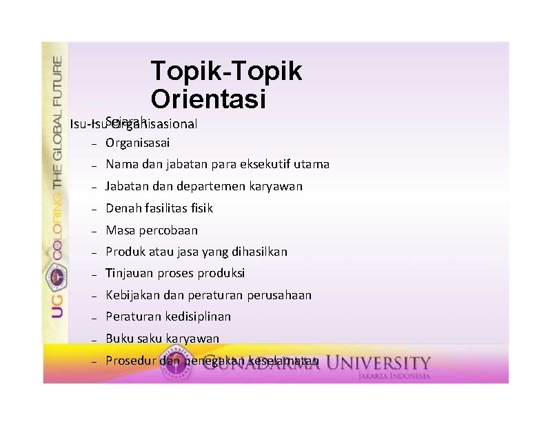 Topik-Topik Orientasi Sejarah Isu-Isu Organisasional Organisasai Nama dan jabatan para eksekutif utama Jabatan departemen