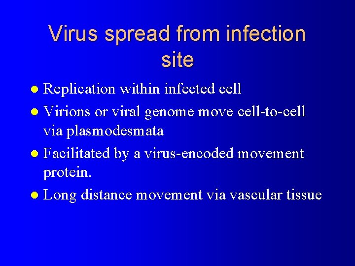 Virus spread from infection site Replication within infected cell Virions or viral genome move