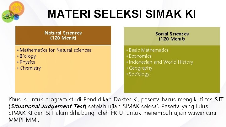 MATERI SELEKSI SIMAK KI Natural Sciences (120 Menit) • Mathematics for Natural sciences •