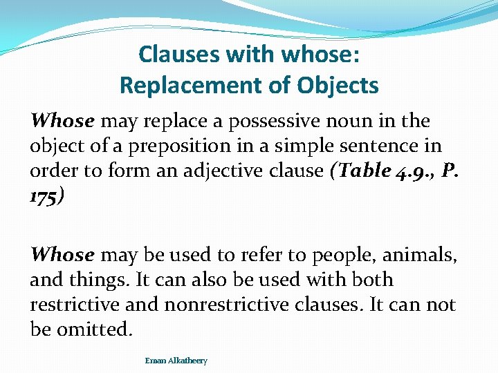 Clauses with whose: Replacement of Objects Whose may replace a possessive noun in the