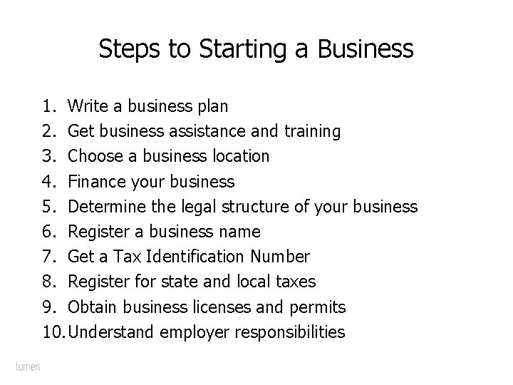 Steps to Starting a Business 1. Write a business plan 2. Get business assistance