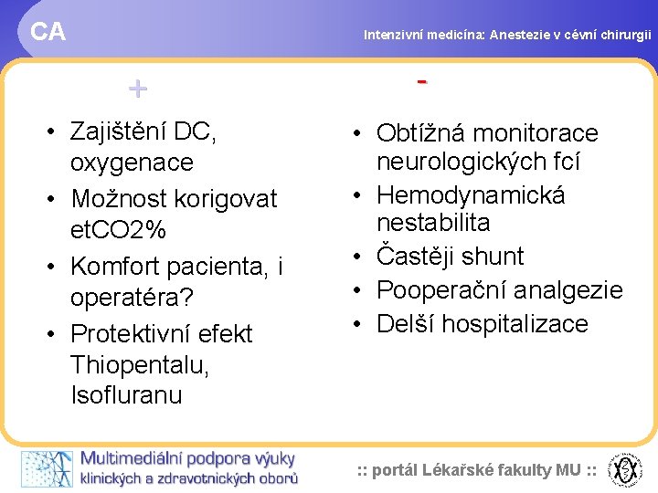 CA Intenzivní medicína: Anestezie v cévní chirurgii + • Zajištění DC, oxygenace • Možnost