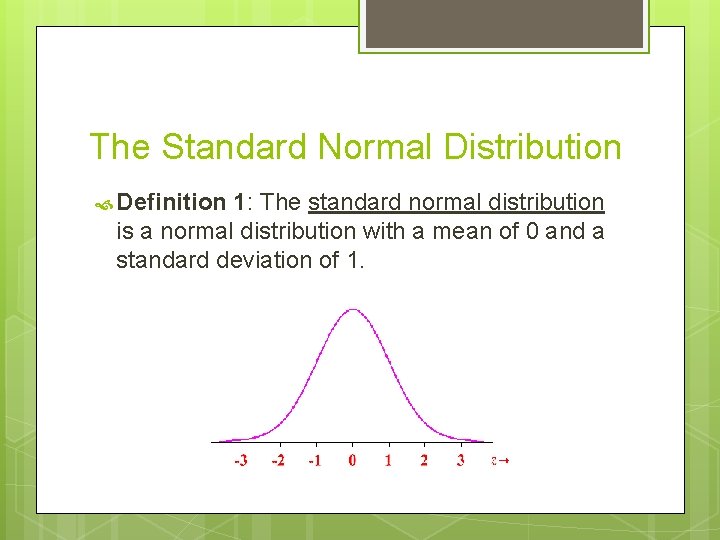 The Standard Normal Distribution Definition 1: The standard normal distribution is a normal distribution