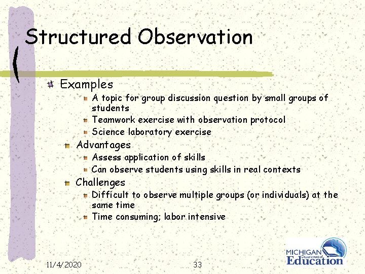 Structured Observation Examples A topic for group discussion question by small groups of students