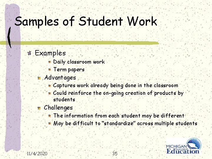 Samples of Student Work Examples Daily classroom work Term papers Advantages Captures work already