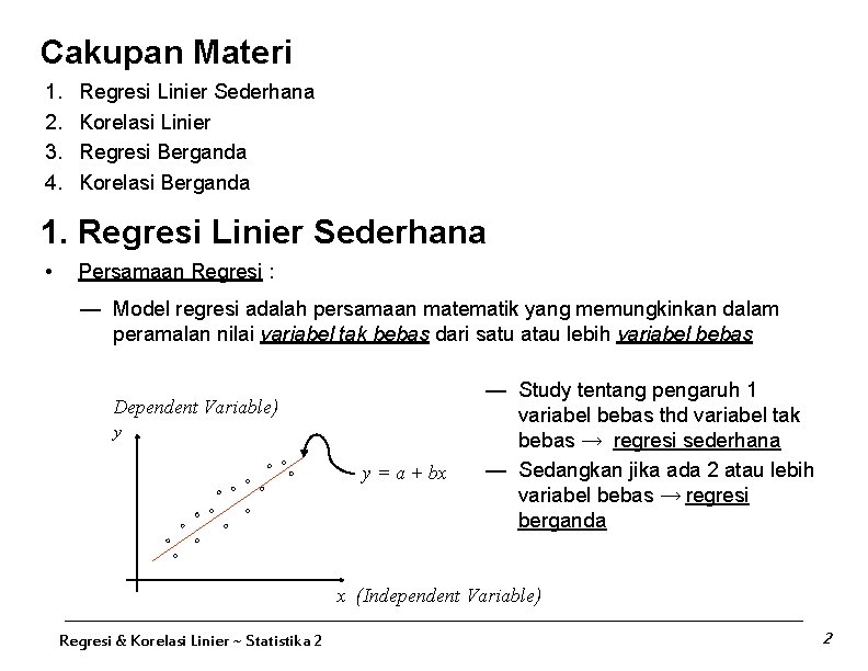 Cakupan Materi 1. 2. 3. 4. Regresi Linier Sederhana Korelasi Linier Regresi Berganda Korelasi