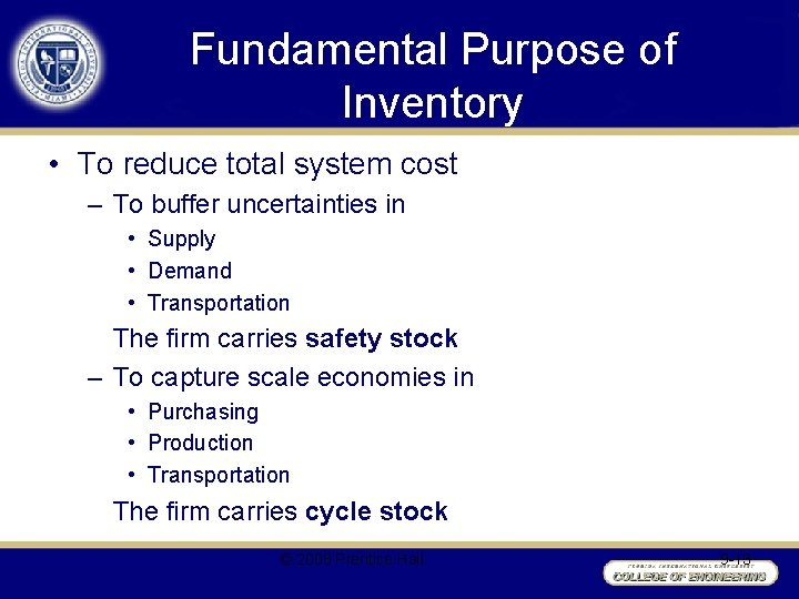 Fundamental Purpose of Inventory • To reduce total system cost – To buffer uncertainties
