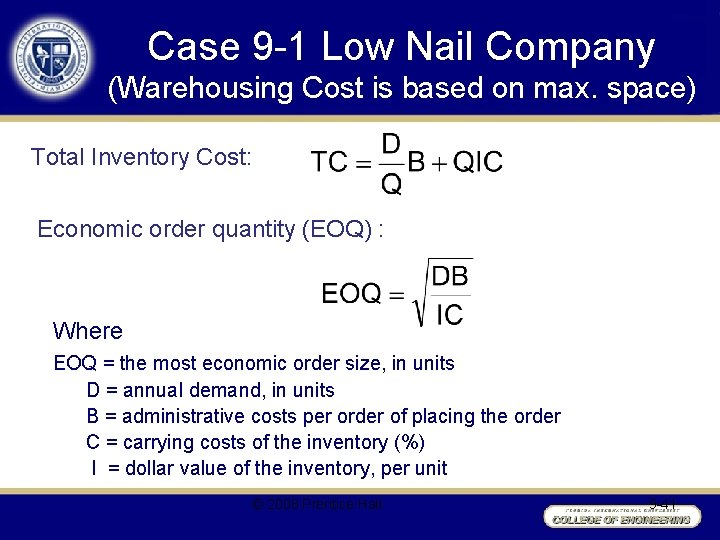 Case 9 -1 Low Nail Company (Warehousing Cost is based on max. space) Total