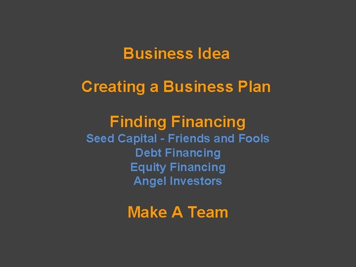 Business Idea Creating a Business Plan Finding Financing Seed Capital - Friends and Fools