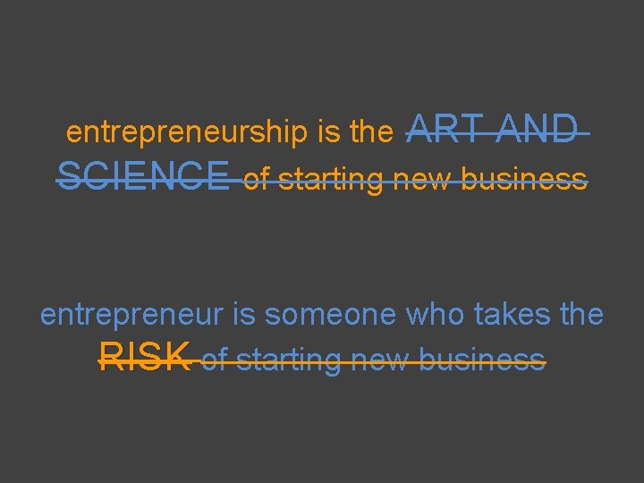 entrepreneurship is the ART AND SCIENCE of starting new business entrepreneur is someone who