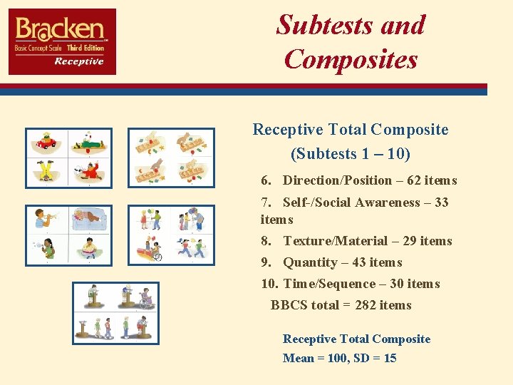 Subtests and Composites Receptive Total Composite (Subtests 1 – 10) 6. Direction/Position – 62