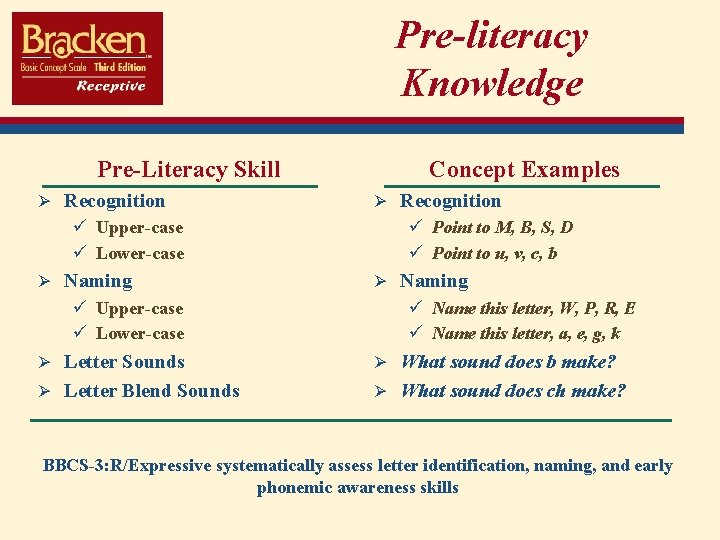 Pre-literacy Knowledge Pre-Literacy Skill Ø Recognition ü Upper-case ü Lower-case Ø Naming ü Upper-case