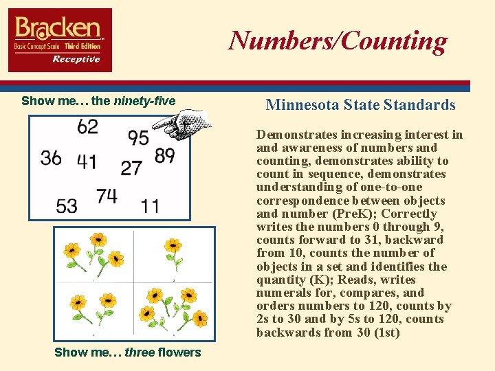 Numbers/Counting Show me… the ninety-five Minnesota State Standards Demonstrates increasing interest in and awareness