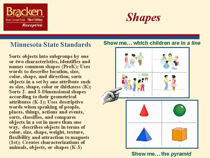 Shapes Minnesota State Standards Show me… which children are in a line Sorts objects