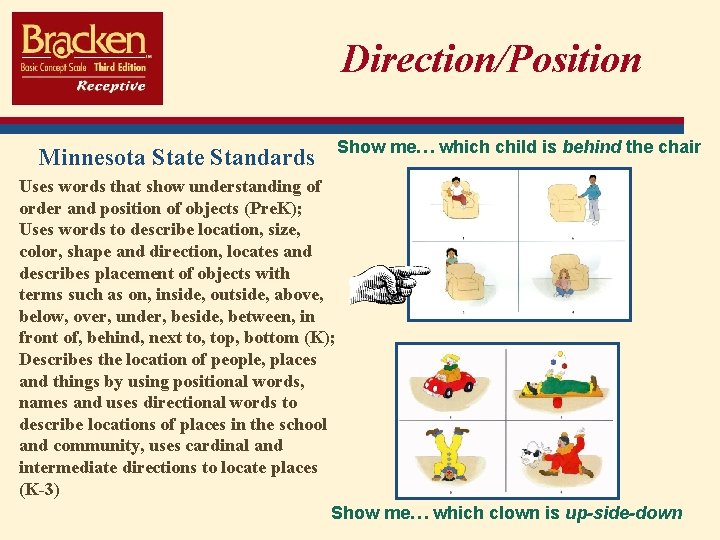 Direction/Position Minnesota State Standards Show me… which child is behind the chair Uses words
