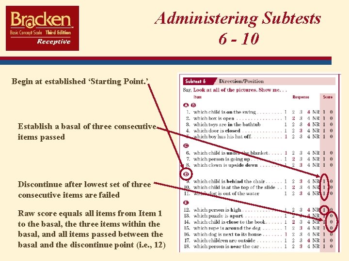 Administering Subtests 6 - 10 Begin at established ‘Starting Point. ’ Establish a basal