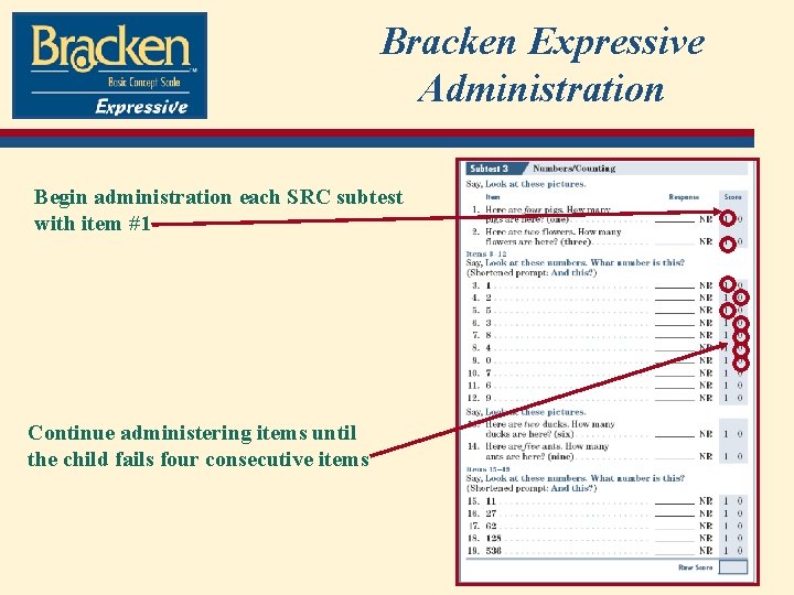 Bracken Expressive Administration Begin administration each SRC subtest with item #1 Continue administering items