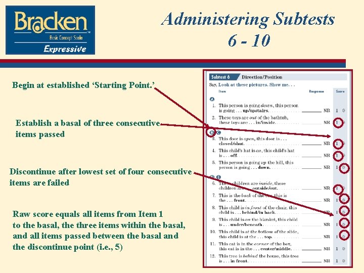 Administering Subtests 6 - 10 Begin at established ‘Starting Point. ’ Establish a basal