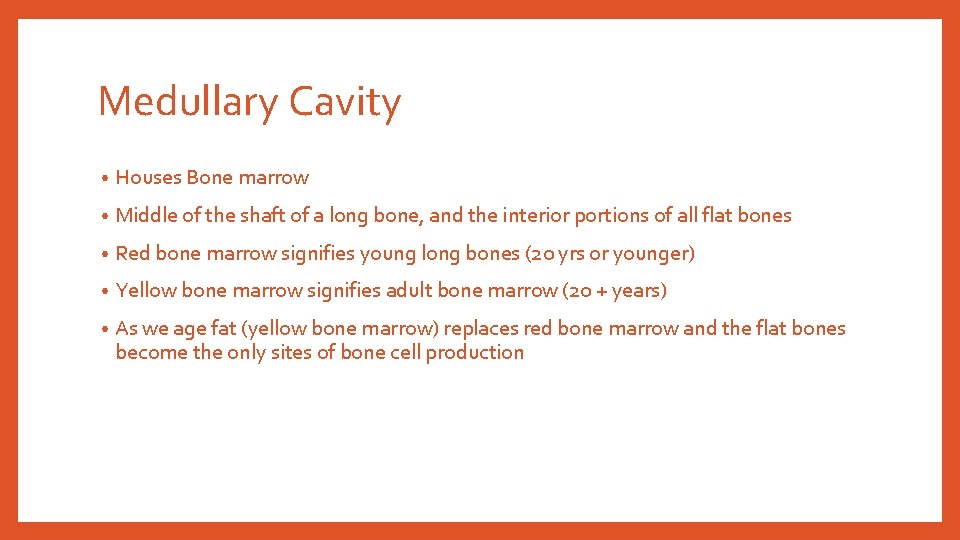 Medullary Cavity • Houses Bone marrow • Middle of the shaft of a long Medullary Cavity • Houses Bone marrow • Middle of the shaft of a long