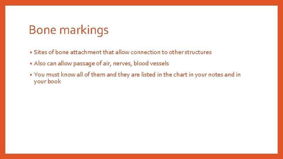 Bone markings • Sites of bone attachment that allow connection to other structures • Bone markings • Sites of bone attachment that allow connection to other structures •
