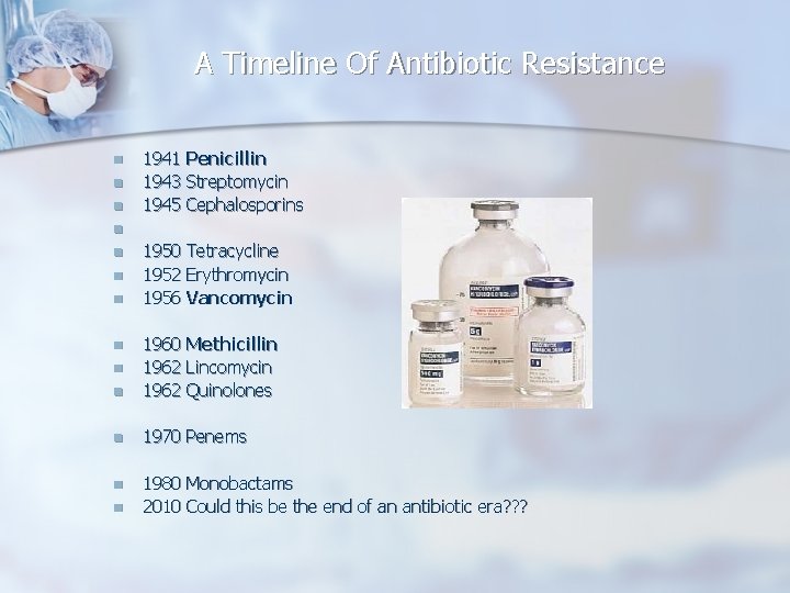 A Timeline Of Antibiotic Resistance n n n 1941 Penicillin 1943 Streptomycin 1945 Cephalosporins