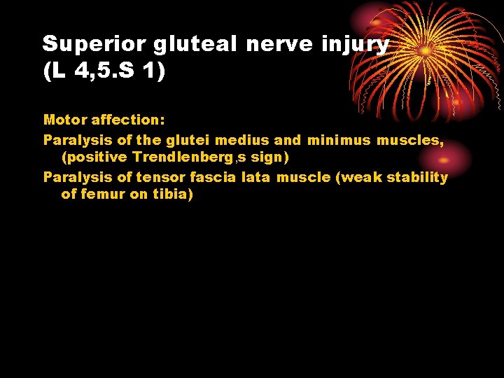 Superior gluteal nerve injury (L 4, 5. S 1) Motor affection: Paralysis of the