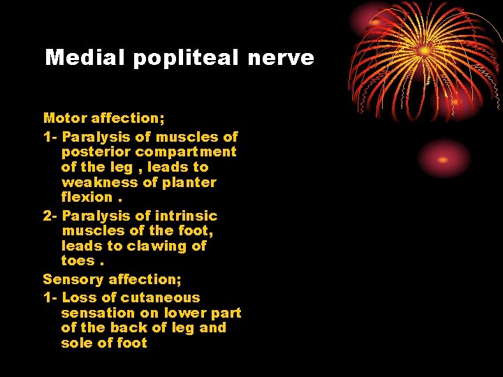 Medial popliteal nerve Motor affection; 1 - Paralysis of muscles of posterior compartment of