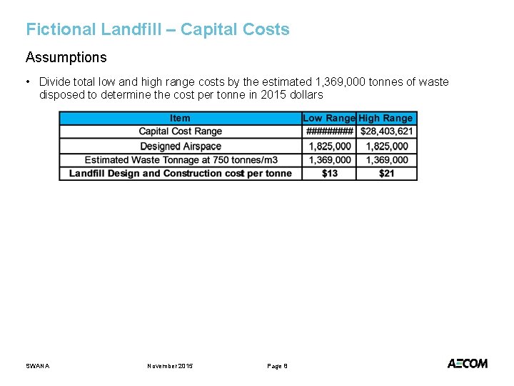 Fictional Landfill – Capital Costs Assumptions • Divide total low and high range costs