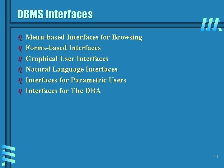 DBMS Interfaces b b b Menu-based Interfaces for Browsing Forms-based Interfaces Graphical User Interfaces