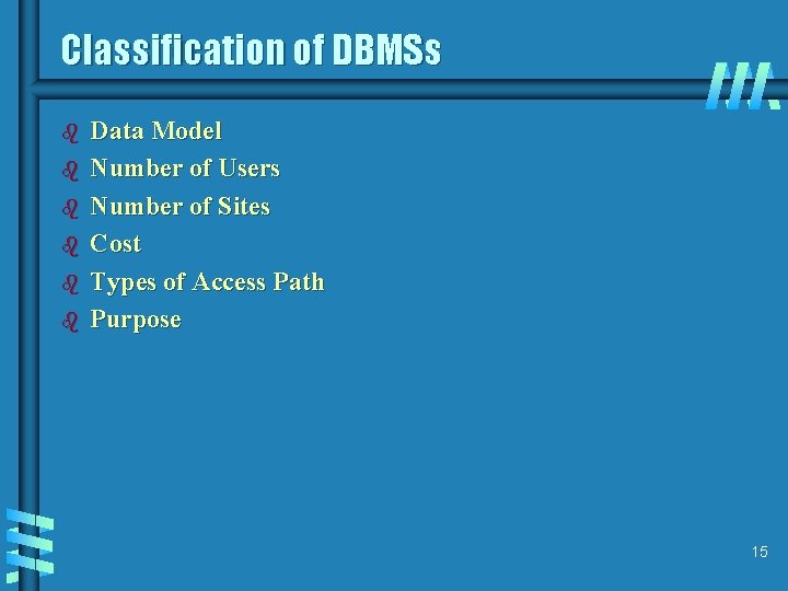 Classification of DBMSs b b b Data Model Number of Users Number of Sites