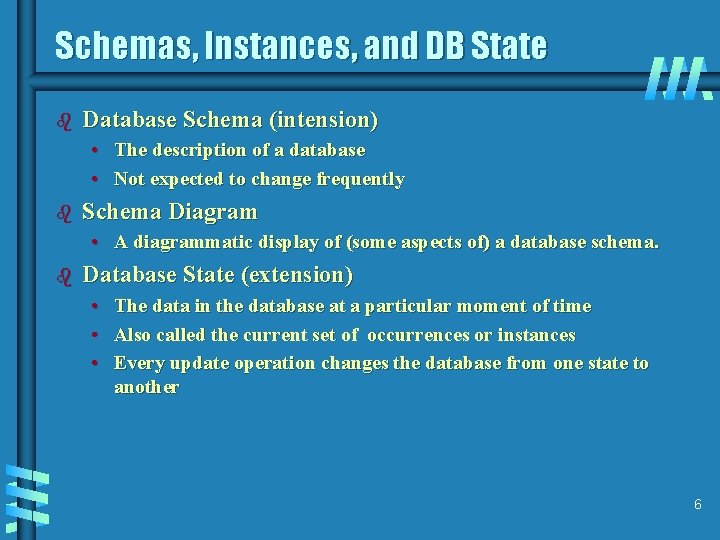 Schemas, Instances, and DB State b Database Schema (intension) • The description of a