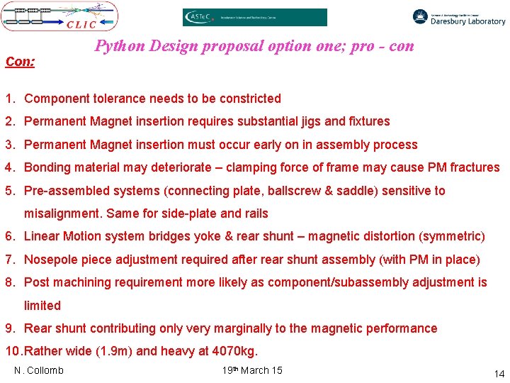 Con: Python Design proposal option one; pro - con 1. Component tolerance needs to