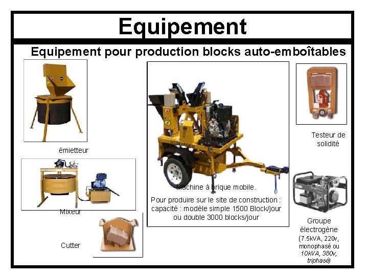 Equipement pour production blocks auto-emboîtables Testeur de solidité émietteur Machine à brique mobile. Mixeur