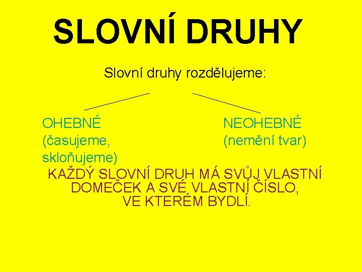 SLOVNÍ DRUHY Slovní druhy rozdělujeme: OHEBNÉ NEOHEBNÉ (časujeme, (nemění tvar) skloňujeme) KAŽDÝ SLOVNÍ DRUH