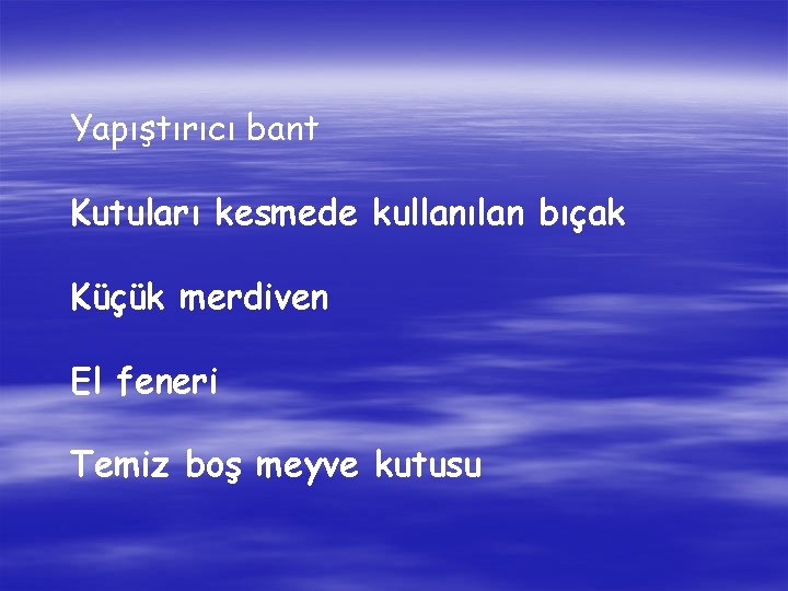 Yapıştırıcı bant Kutuları kesmede kullanılan bıçak Küçük merdiven El feneri Temiz boş meyve kutusu