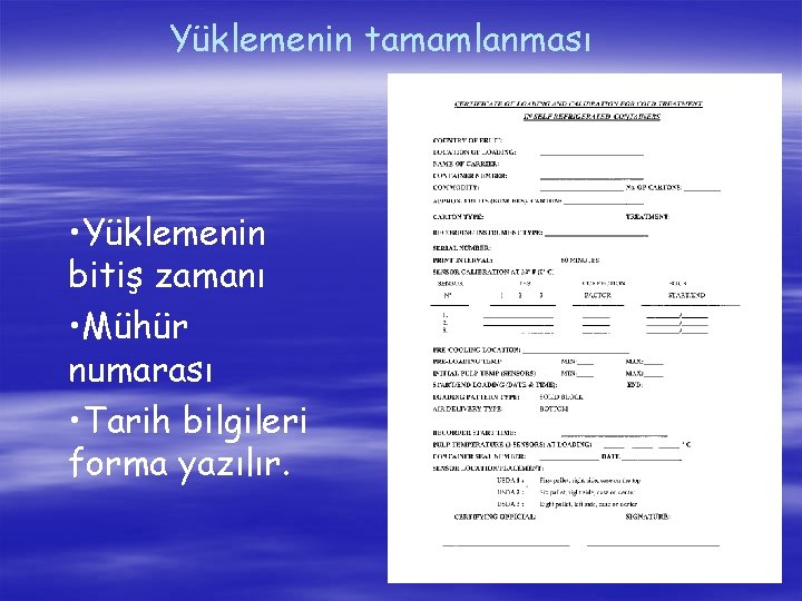 Yüklemenin tamamlanması • Yüklemenin bitiş zamanı • Mühür numarası • Tarih bilgileri forma yazılır.