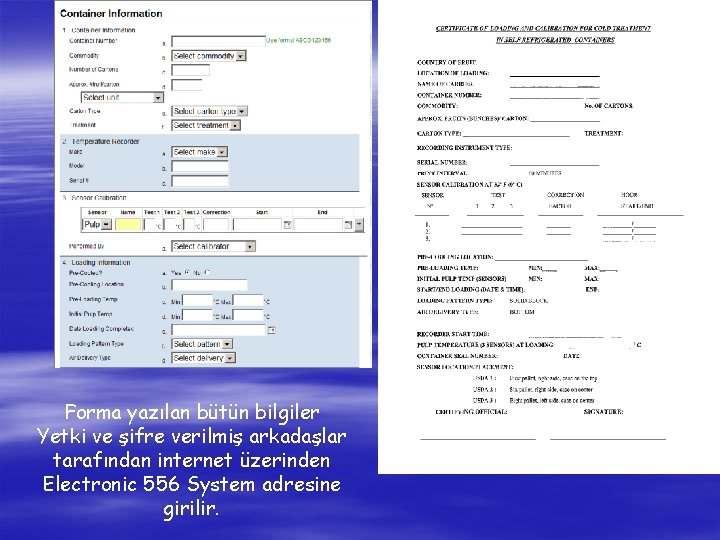 Forma yazılan bütün bilgiler Yetki ve şifre verilmiş arkadaşlar tarafından internet üzerinden Electronic 556