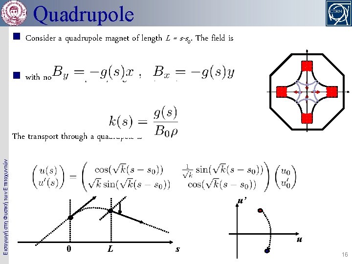 Quadrupole n Consider a quadrupole magnet of length L = s-s 0. The field