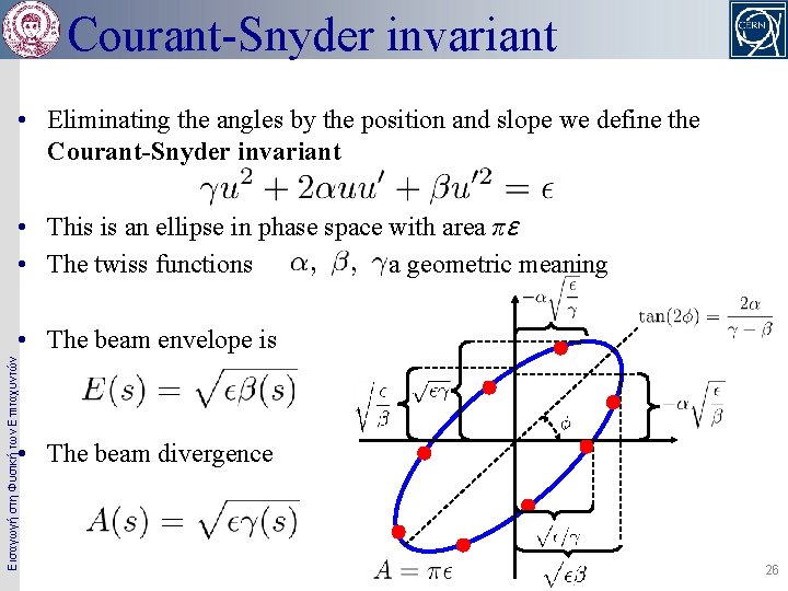 Courant-Snyder invariant • Eliminating the angles by the position and slope we define the