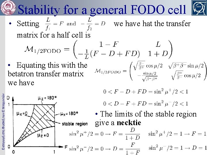 Stability for a general FODO cell • Setting we have hat the transfer matrix