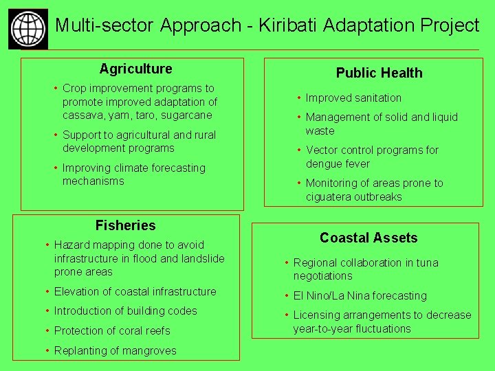 Multi-sector Approach - Kiribati Adaptation Project Agriculture • Crop improvement programs to promote improved