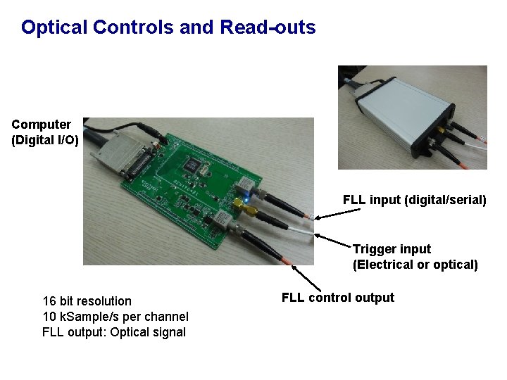 Optical Controls and Read-outs Computer (Digital I/O) FLL input (digital/serial) Trigger input (Electrical or