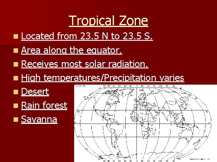 Tropical Zone n Located from 23. 5 N to 23. 5 S. n Area