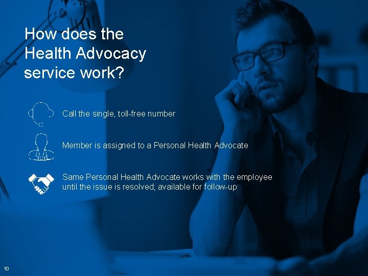 How does the Health Advocacy service work? Call the single, toll-free number Member is