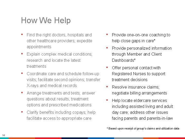 How We Help • Find the right doctors, hospitals and other healthcare providers; expedite