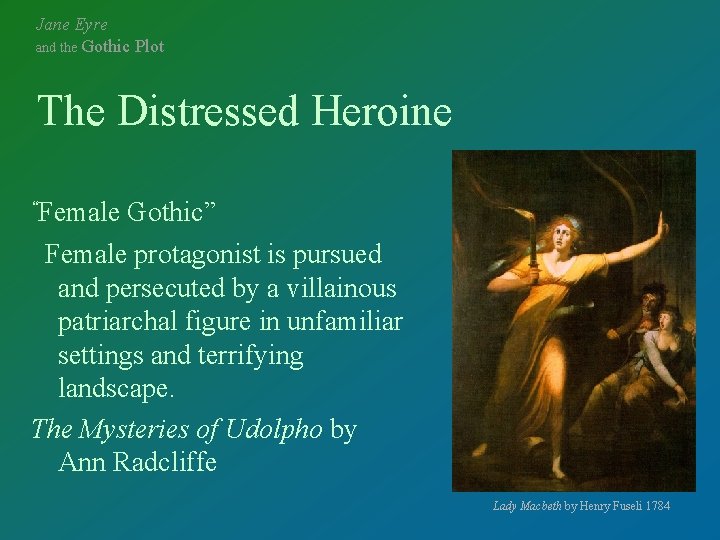 Jane Eyre and the Gothic Plot The Distressed Heroine “Female Gothic” Female protagonist is